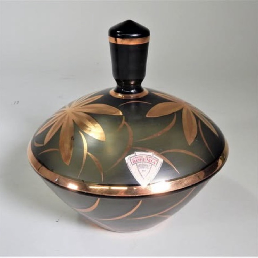 Vintage Murmac Bohemian Gray Glass lidded bowl w/ hand painted 22k gold pattern